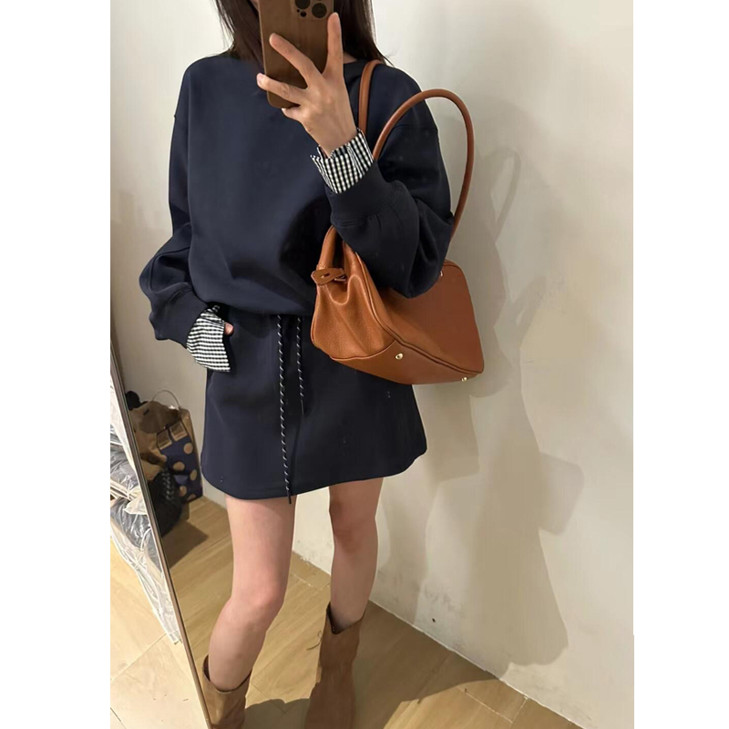 Navy Blue Casual Sports Suit for Women, Early Spring Miu Style Plaid Patchwork Long-Sleeved Sweatshirt and Short Skirt Two-Piece Set
