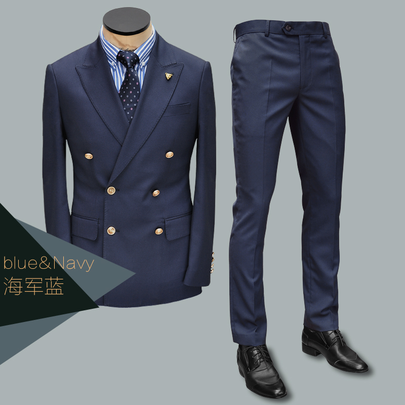 Zbto Navy Blue Slim-Fit Wool Men's Fashion Business Double-Breasted Suit Set Zbto Navy Blue Slim-Fit Wool Men's Fashion Business Double-Breasted Suit Set