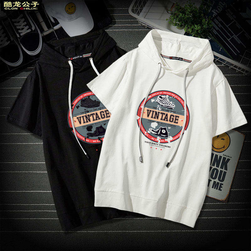 Sweatshirt men summer thin five-quarter sleeve hooded short sleeve men's hat t men's tide brand trend half-sleeved men's half-cut shirt