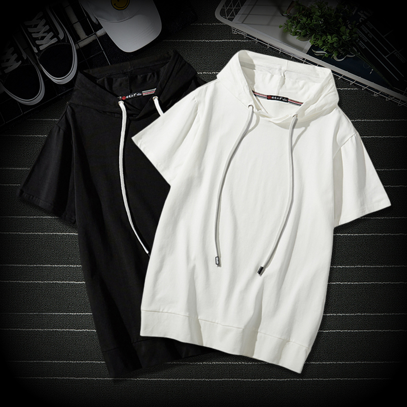 Summer White Hooded Short-Sleeve T-Shirt for Men, Trendy Brand, Loose Hooded Half-Sleeve Sweatshirt, Trendy Korean Style T-Shirt, Black