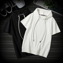 Summer white hooded short sleeve T-shirt mens Tide brand loose cap half sleeve sweater trend Korean version of T-shirt Black