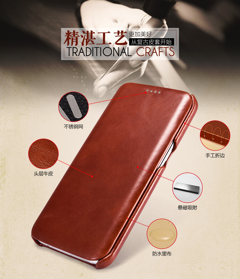 iCarer Curved Edge Vintage Series Side Open Handmade Genuine Cowhide Leather Case Cover for Samsung Galaxy S7 edge & S7