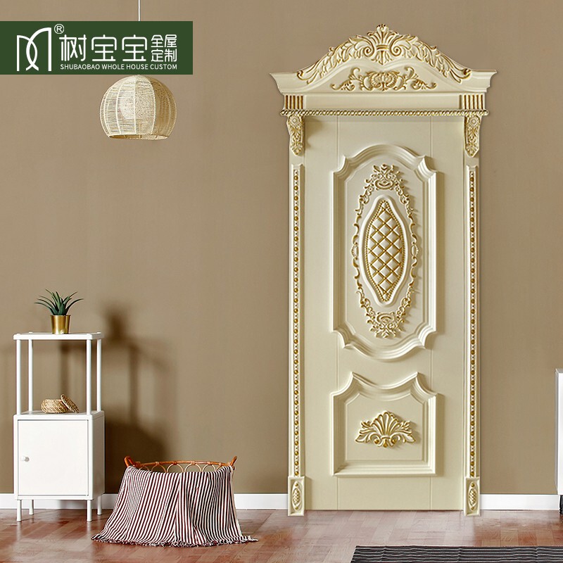 Tree Baby European-Style Gold-Painted Wooden Door, Luxurious Carved Bedroom Door, Silver-Painted Set Door, Solid Wood Composite Lacquered Interior Door