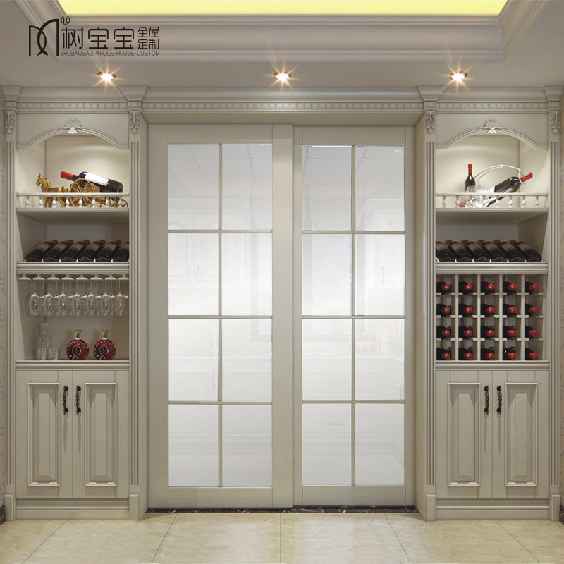 European style kitchen living room sliding door partition Modern wine cabinet custom solid wood white paint door wall integrated interior door