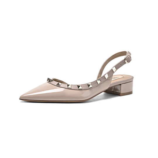 Französische Nietenschuhe für Damen im Herbst und Sommer, spitze Zehen, flacher Mund, flache Schuhe mit weichen Sohlen, nackte Schuhe mit niedrigem Absatz für Damen mit dicken Absätzen und Lackleder