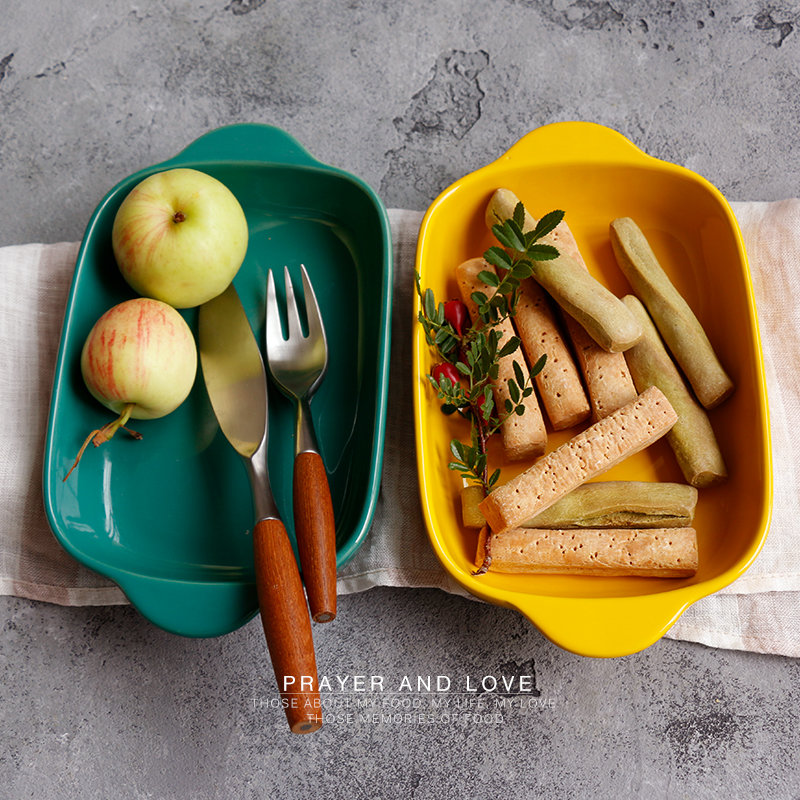 (100 Varieted Baking Meal) Double-ear rectangular ceramic baking tray cheese with a light and luxurious baking dinner plate oven plate