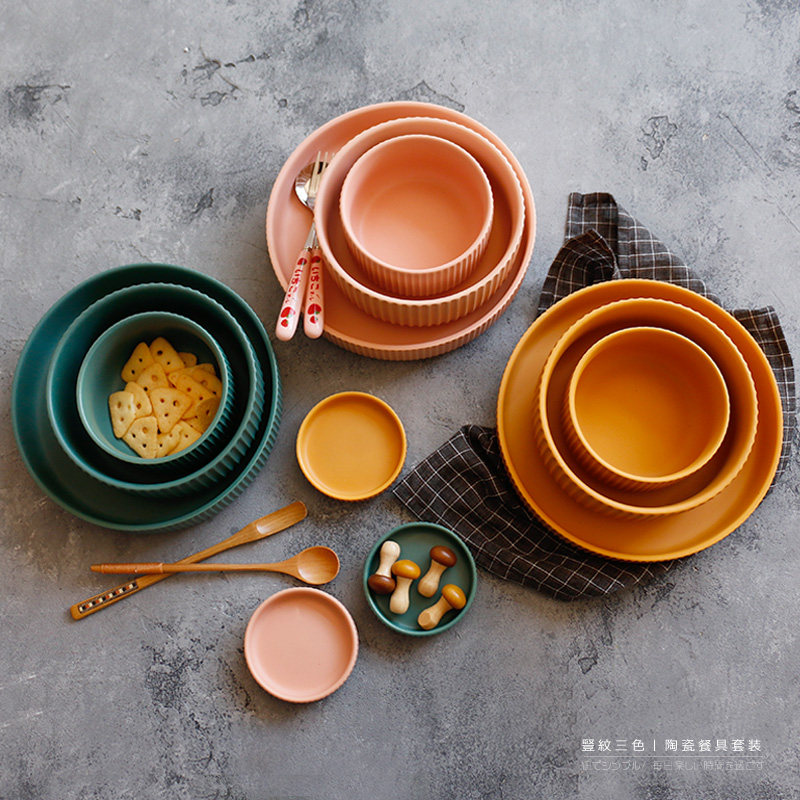 Vertical Stripes -- Colorful glazed ceramic matte bowls dish dishes Western dining salad bowls pan food for cutlery sets of cutlery sets