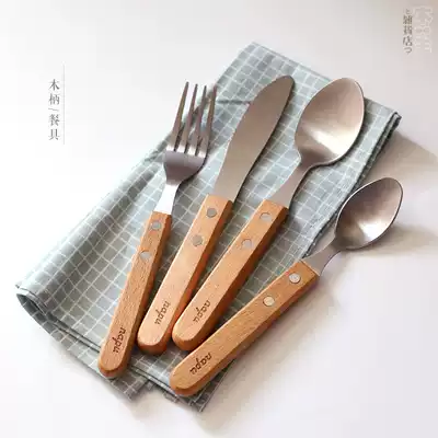 Joker hot selling Japanese log Beech handle brushed stainless steel knife and fork spoon West tableware fork dessert spoon