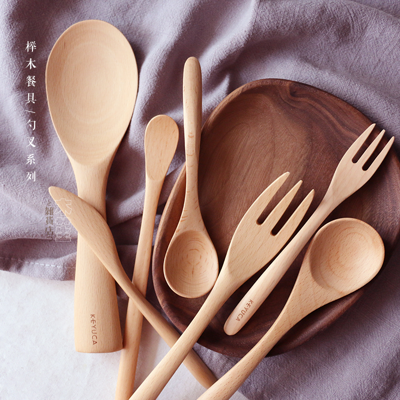 Wood Peony-Date MUJU Beech Wood Log Spoon Wood Fork Cutlery Wood Tablespoon Wood Cream Knife Stirring Spoon
