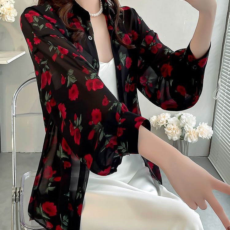 Sun Protection Shirt for Women, Summer Thin Style, Turn-Down Collar Chiffon Shirt, Stylish and Fashionable Floral Long-Sleeved Mid-Length Top