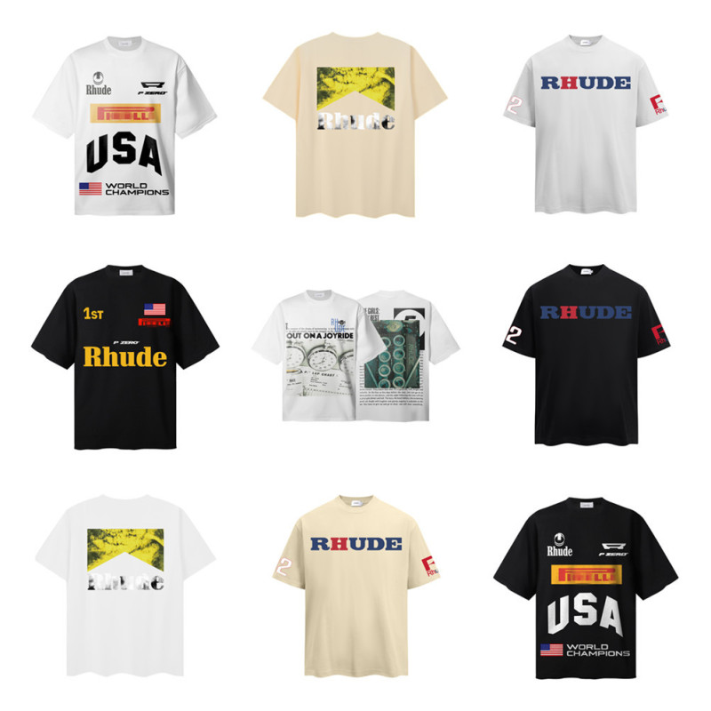 Rhude Gftkc Geometric Letter Pattern American Trendy Casual Loose Versatile Short-Sleeve T-Shirt for Men and Women Couples