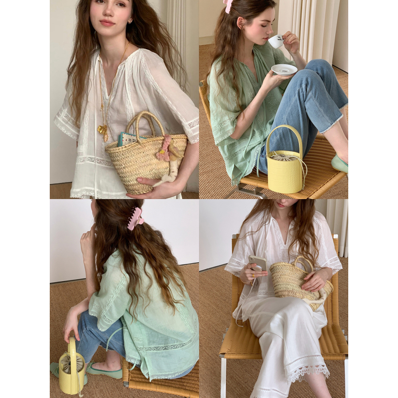 Ilessiswang White Moonlight Cool and Slimming Paper-Thin Ramie Lace Blouse Shirt