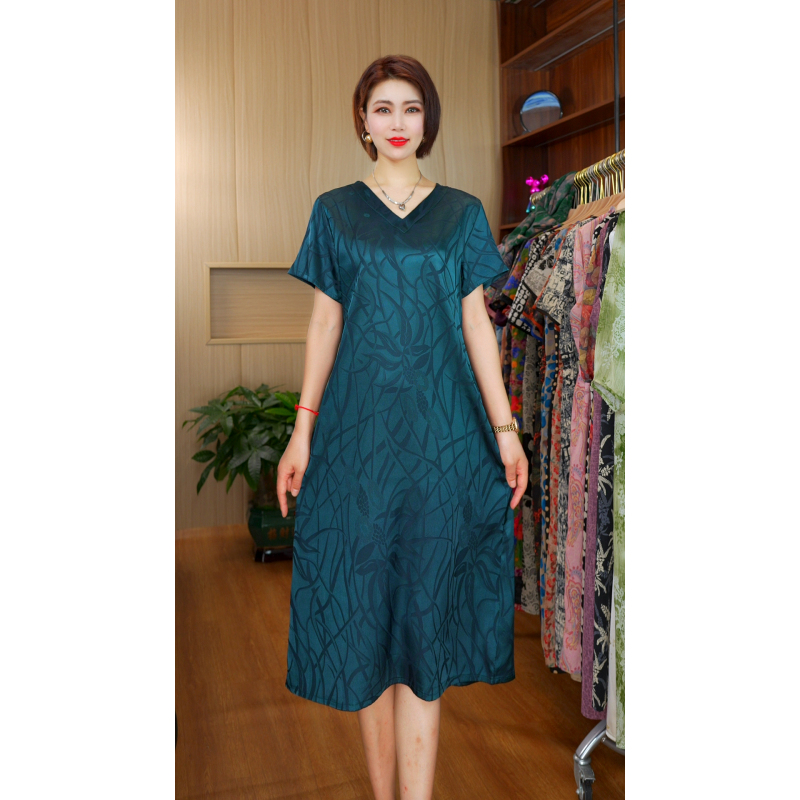 A-26132 Fashionable Loose Slimming Dress V-Neck Peacock Blue Vine A-26132 Fashionable Loose Slimming Dress V-Neck Peacock Blue Vine