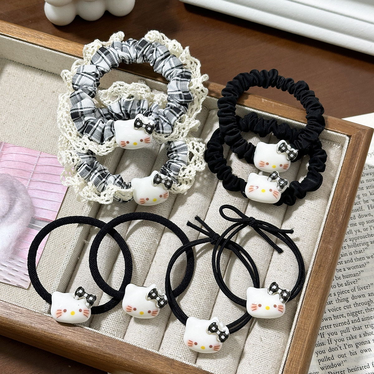 かわいい猫のヘアゴム、レーストリム、ガーリー、インスタグラム風ヘアアクセサリー、かわいい学生用ヘアゴム、漫画風ヘアゴム