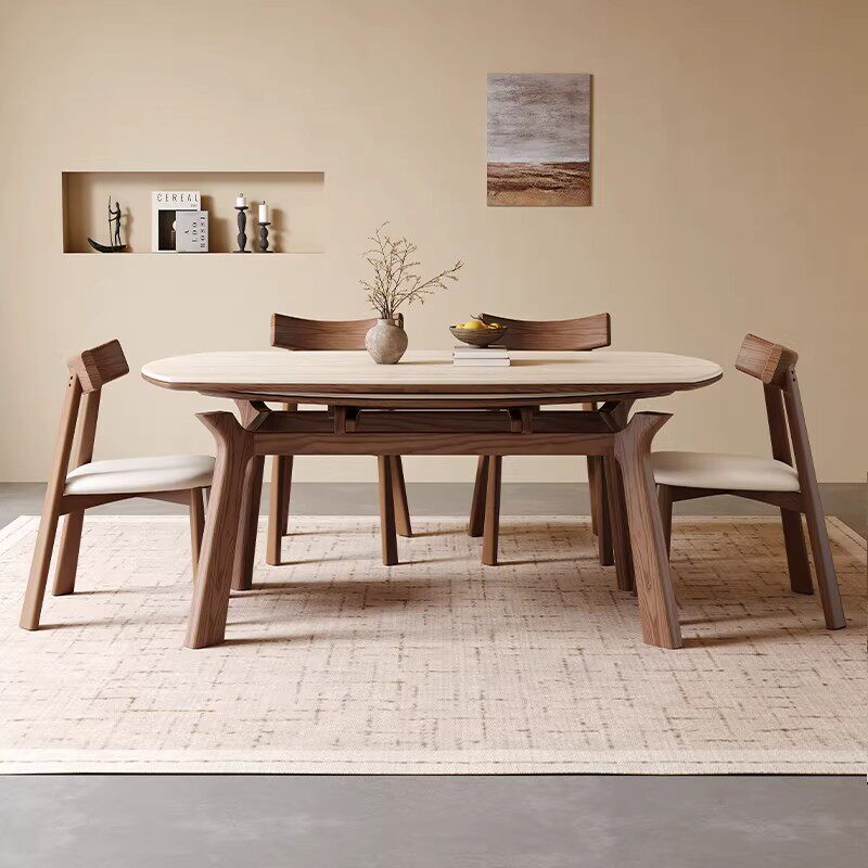 Rock Slab Solid Wood Dining Table and Chair Set, Extendable and Foldable, Dual-Purpose for Square and Round Shapes, Suitable for Small Apartments, Modern and Simple