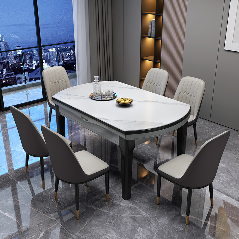Light luxury rock plate dining table and chair combination foldable telescopic modern simple household small household variable round dining table