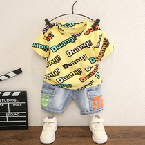 Male boy handsome short sleeve suit children summer clothing jeans Two sets of damp baby Summer pure cotton clothes 3 years 5