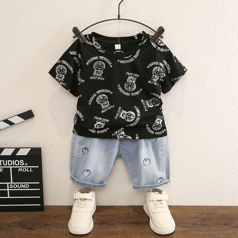 Boys' summer short-sleeved suits Foreign pie small children denim pants two-piece set of handsome baby thin black clothes