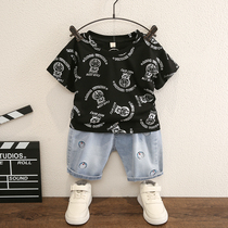 Boys summer clothing short sleeve suit foreign air mid-boy denim pants two sets of handsome gas baby thin black clothes