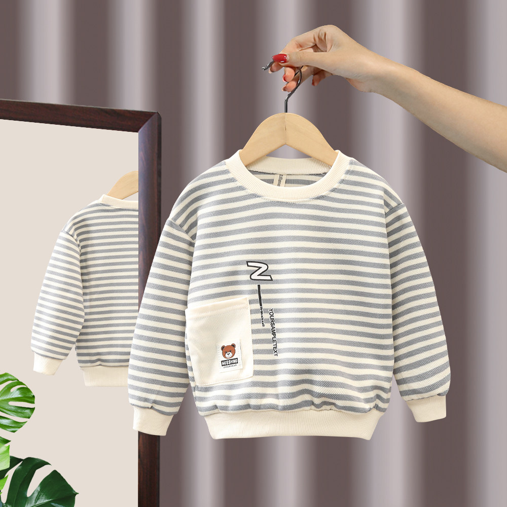 Children's spring striped casual blouse boy pure cotton round collar jacket hooded baby 100 hitch undershirt long-sleeved child