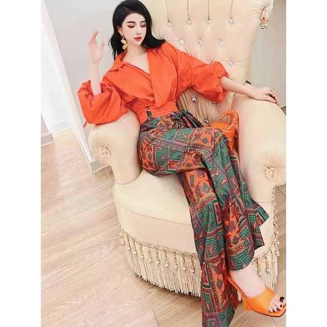 High-end fashion vacation suit 2022 autumn new women's puff sleeve top high waist wide-leg pants hot trend