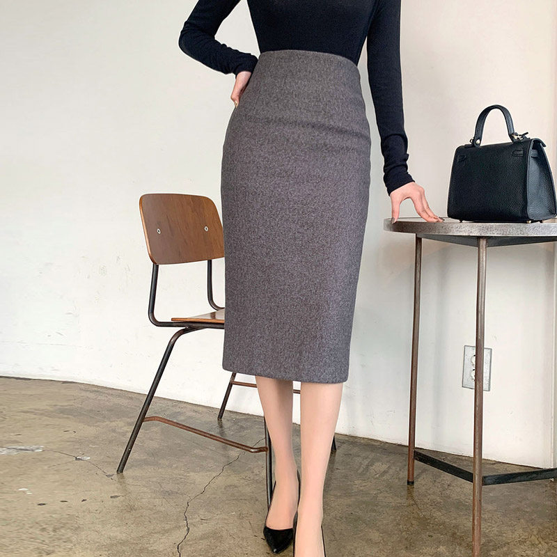 秋冬ミディ丈ウールハイウエストボディコンスカート（スリット入り）、スリム効果、プロフェッショナルスタイル、ペンシルスカート、ストレートスカート