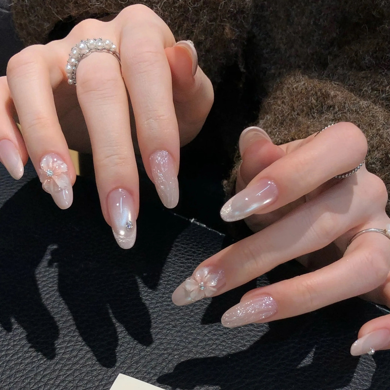 【Only Love】Purely Handmade Short-Length Nude Pink French Style Sparkling Cat Eye Summer Ice Flower 2026 New Model