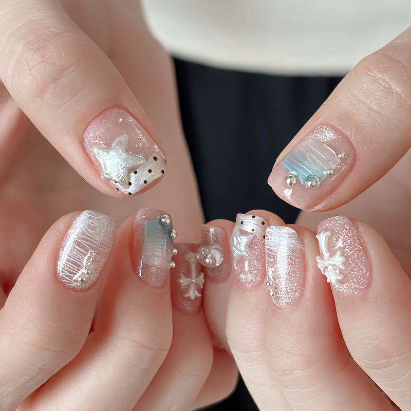 [Sea Wave] Purely Handmade Wearable Nails, Korean Style, French Style, Short Style, Seaside Blue, Cat Eye, Ice Transparent, 2026 New Summer Style