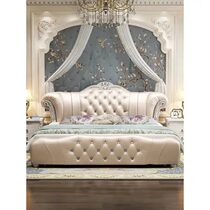  European style leather bed Soft bed Double bed Wedding bed Leather air pressure princess white leather bed Luxury master bedroom carved bed