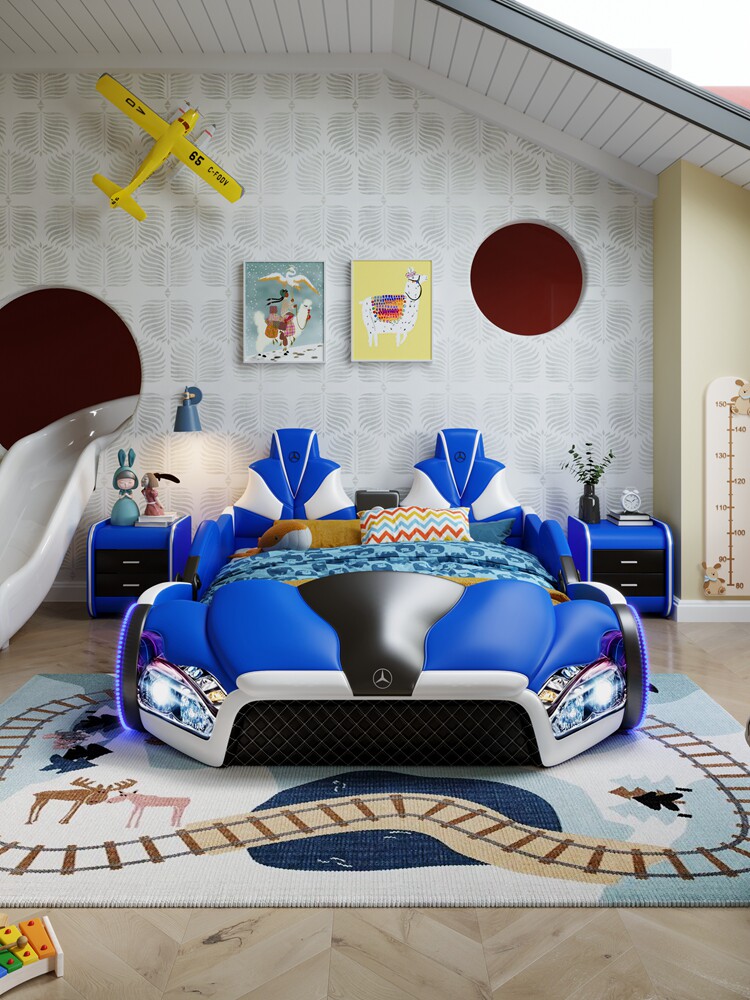 Children's bed Boy single bed Solid wood fence girl Princess cartoon bed 1 5 meters household creative car leather bed