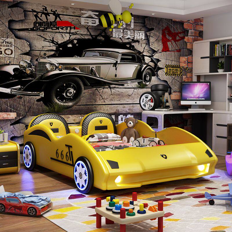 Child Bed Boy Car Cartoon Bed With Guardrails Bedroom Creative Single Bed Kid Sports Car Leather Bed Individuality Innate