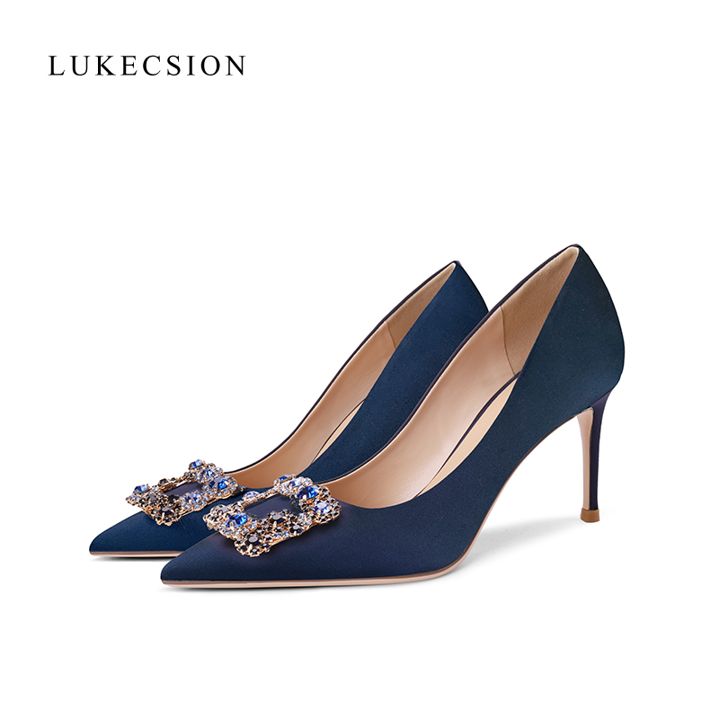 LUKECSION royal blue high-heeled shoes ladies commuting square buckle satin rhinestone pointed toe mid-heel stiletto shoes