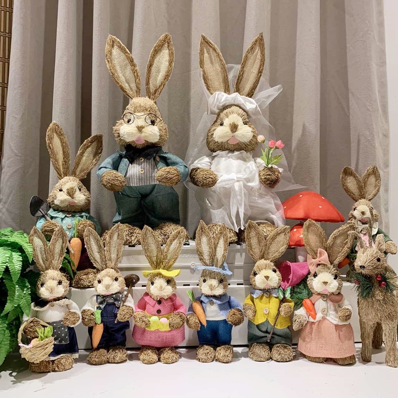 Straw Woven Rabbit Ornaments for Kindergarten Environment Creation, Plant Corner, Forest-Style Home Decor, Living Room, Window Display, Wedding Decorations, Photography Props