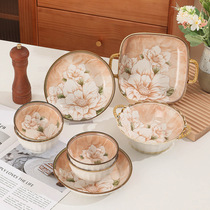 Nordic Camellia Youthful Retro Dishes Ceramic Bowl Light Luxury Plate Ins Style Tableware Set