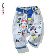 chàng trai quần áo trẻ em denim giữa quần 2020 mùa hè mới vừa và lớn cậu bé quần short ski phim hoạt hình graffiti quần bảy điểm Hàn Quốc phiên bản của thủy triều.