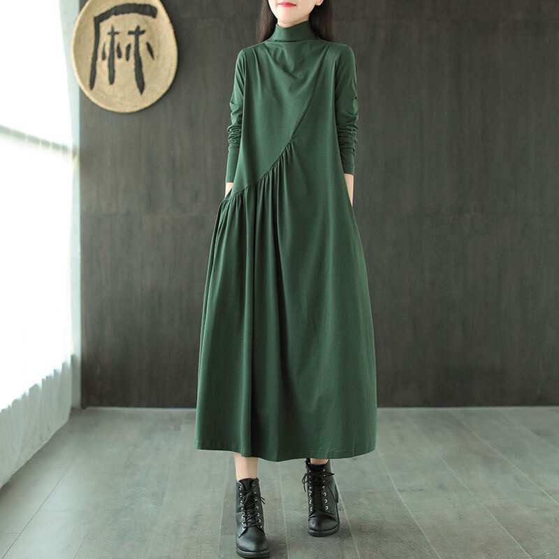 Clearance Sale~ Women's Long-Sleeve Half-High Collar Mid-Length Dress with Loose Waist, Artistic Base Dress for Autumn Clearance Sale~ Women's Long-Sleeve Half-High Collar Mid-Length Dress with Loose Waist, Artistic Base Dress for Autumn