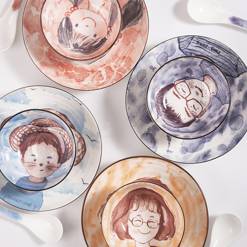 One single One set of parents and children 's delicate food bowl chopsticks tableware of bread and butter plate ceramic cartoon express picking