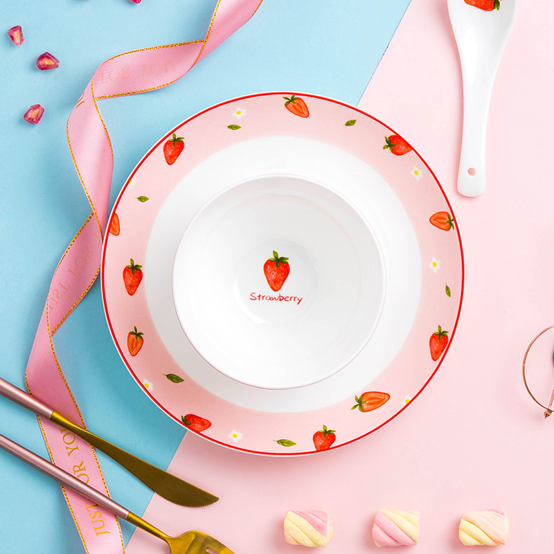 Bowl Cute Rice Bowl SINGLE HOME SUIT INS STRAWBERRY NORDIC CREATIVE NETS RED CERAMIC TEEN HEART CUTLERY-TAOBAO