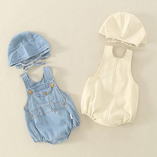 Newborn summer jumpsuit baby go out bag fart clothing baby triangle crawl suit soft denim overalls