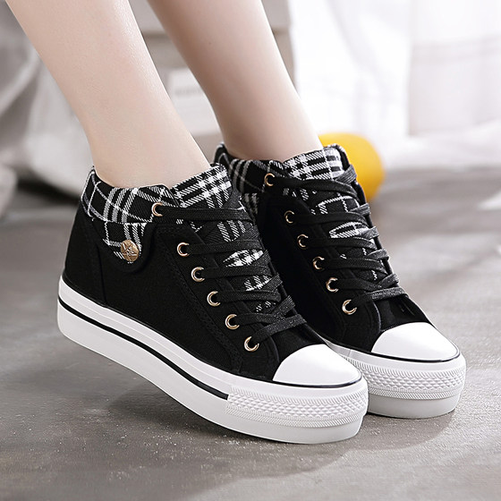 2024 spring new high-top canvas shoes, women's shoes, casual student plaid thick-soled inner heightening shoes