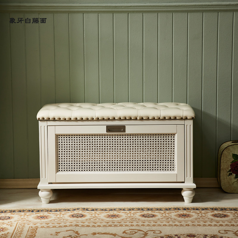 Italian-style light luxury solid wood leather shoe stool Nordic modern rattan storage simple can sit flip bucket home storage shoe cabinet