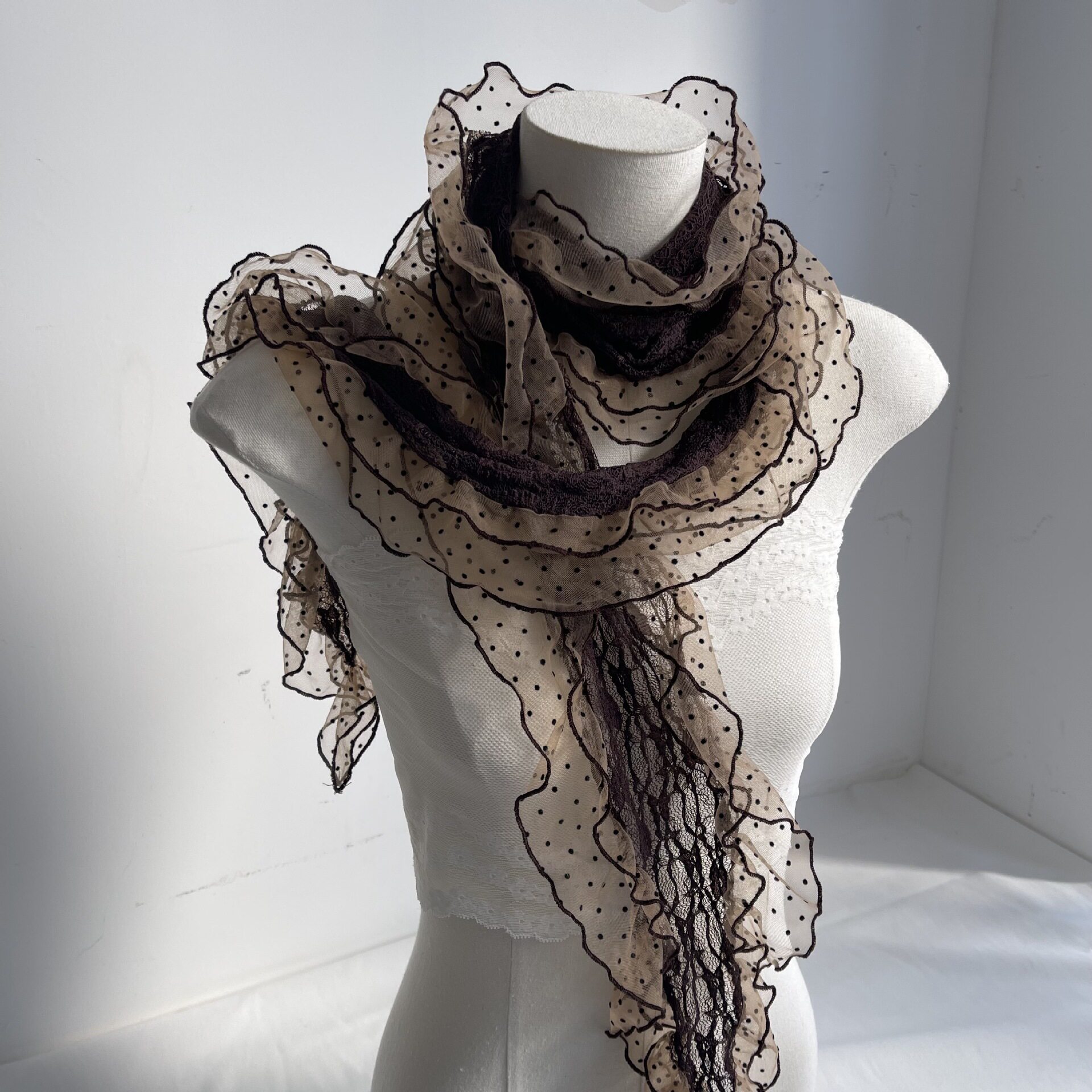 Sumyee Original Lace Mesh Color Block Scarf Vintage Travel Accessory Polka Dot Trim Retro Scarf