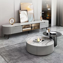 Light luxury slate round coffee table TV cabinet combination modern simple small apartment living room TV floor cabinet side cabinet