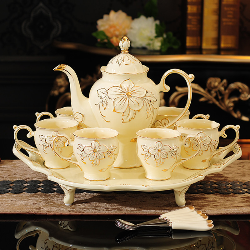 Ceramic European-style household water set teapot teacup tea set set light luxury style cup home living room coffee table with tray