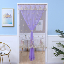 Paste single-layer yarn bedroom long door curtain fabric lace purple non-perforated mosquito-proof home partition breathable curtain