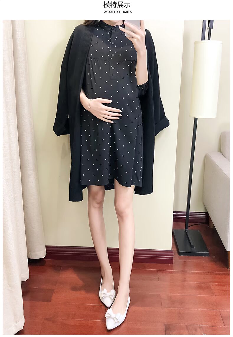 Bộ đồ bà bầu xuân hè 2019 cho bà bầu áo len đầm chấm bi khí chất cỡ lớn áo hai dây cardigan áo dài bầu