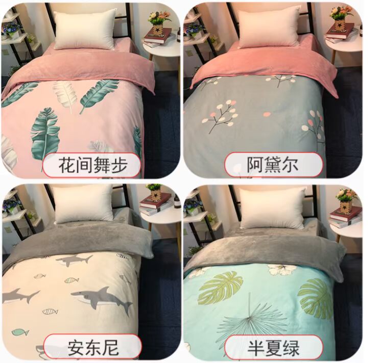 Chăn bông san hô đơn mảnh flannel dày mùa đông ấm áp cộng với nhung lưới màu đỏ nữ bông đơn chăn đôi bộ chăn ga gối đệm