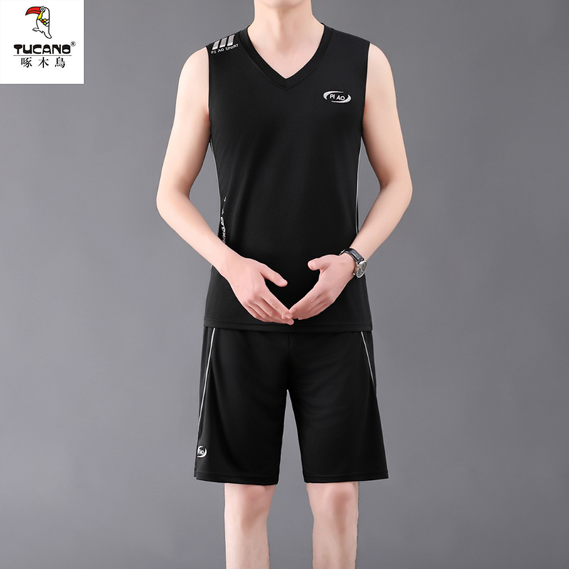 Woodpecker Sports Suit Men's Running Basketball Two-Piece Set Ice Silk Quick-Drying Fitness Vest Shorts Sleeveless T-Shirt Summer