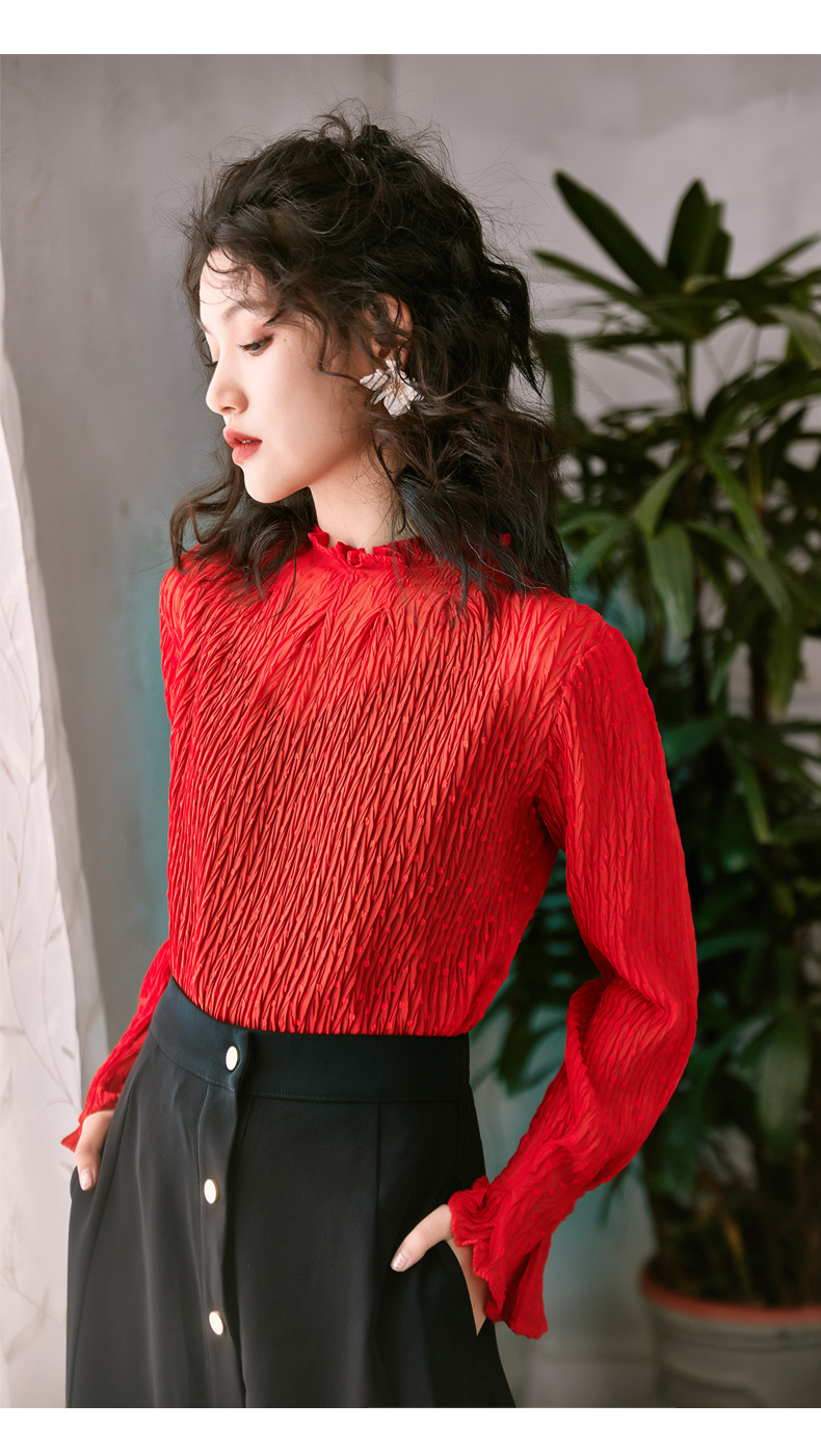 Áo lưới gạc 19 mùa xuân nấm mới xù một nửa cổ cao kèn tay áo voan ren đáy áo sơ mi nữ sơ mi trắng