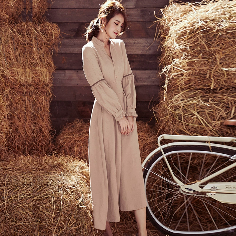 Váy cotton và vải lanh retro váy dài 2021 mùa xuân và mùa thu quần áo phụ nữ mới eo thon cổ chữ V dài tay váy chữ a váy dài - A-Line Váy
